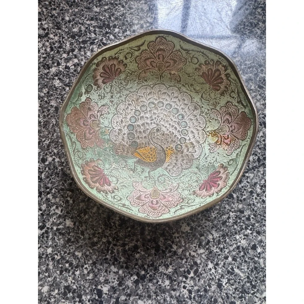 Vintage Solid Brass Enameled Bowl Colorful Peacock Design Made In India‎